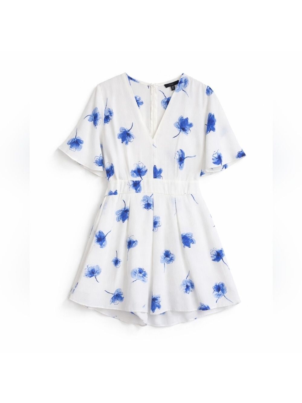 Atmosphere Blue Floral Romper White Flutter Sleeve Style Size 12